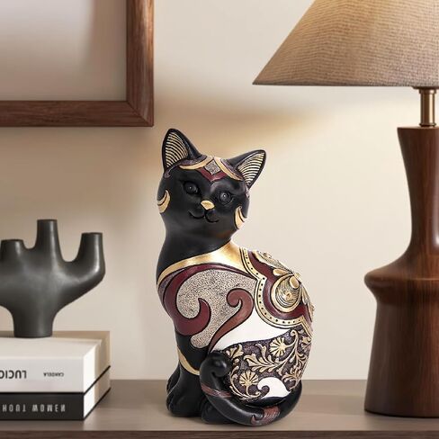 Black Cat Statue Home Decor Accent Boho Cat Figurines and Sculptures for Living Room Bedroom Shelf Office Table, Cats Art Decoration Vintage Matt Animals Gift for Cats Lovers, Woman Mom in Saudi Arabia