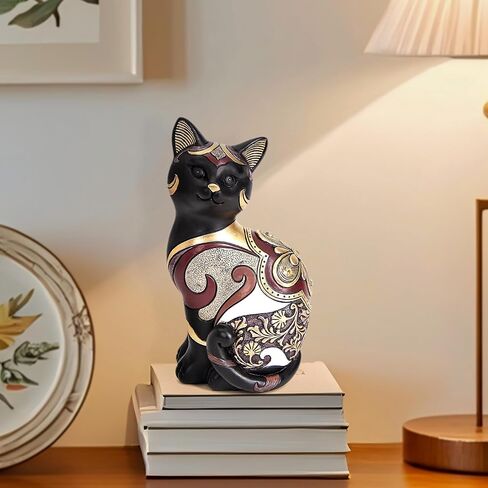 Black Cat Statue Home Decor Accent Boho Cat Figurines and Sculptures for Living Room Bedroom Shelf Office Table, Cats Art Decoration Vintage Matt Animals Gift for Cats Lovers, Woman Mom in Saudi Arabia