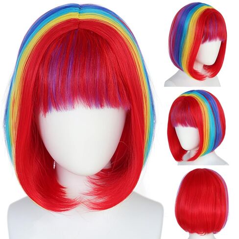 Hair Cap+ Rainbow Bob Wig Rainbow Wigs for Women Fun Outfits Clown Wig Short Multi-Color Cosplay Wigs Colorful Synthetic Hair Mardi Gras Party Halloween Party Cosplay Pride Day Bachelorette Hair in Saudi Arabia