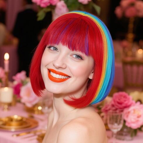 Hair Cap+ Rainbow Bob Wig Rainbow Wigs for Women Fun Outfits Clown Wig Short Multi-Color Cosplay Wigs Colorful Synthetic Hair Mardi Gras Party Halloween Party Cosplay Pride Day Bachelorette Hair in Saudi Arabia