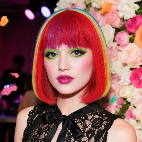 Hair Cap+ Rainbow Bob Wig Rainbow Wigs for Women Fun Outfits Clown Wig Short Multi-Color Cosplay Wigs Colorful Synthetic Hair Mardi Gras Party Halloween Party Cosplay Pride Day Bachelorette Hair in Saudi Arabia