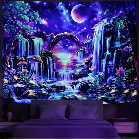 Huzuya Blacklight Fantasy Forest Tapestry Neon Waterfall Tapestries UV Reactive Galaxy Space Tapestry Colorful Floral Plants Tapestries Wall Hanging Backdrop Room Decor for Bedroom in Saudi Arabia