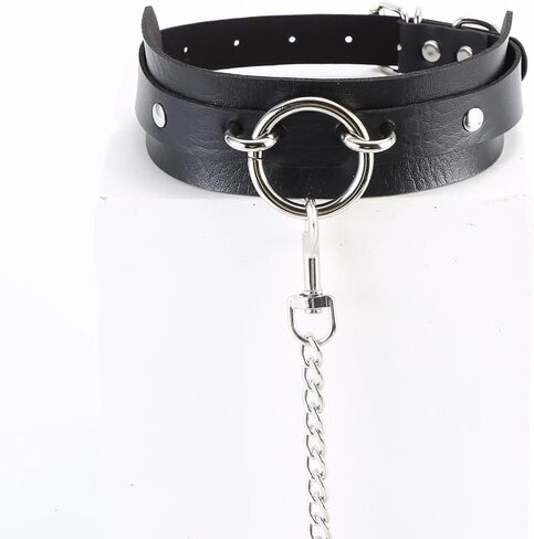 قلادة على شكل قلادة سوداء قوطية وياقة جلدية واسعة مع مقود سلاسل قابلة للفصل لأزياء الهالوين الشريرة، قابلة للتعديل 16-20 بوصة in Kuwait