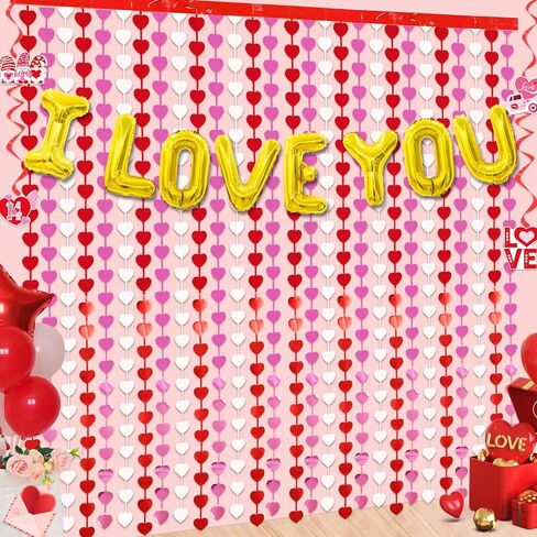 4 حزمة عيد الحب يوم الستارة FOIL FOIL مع أنا أحبك البالونات ، 3.3x6.6.6 قدم قلب أحمر الشكل الأحمر بهرج الستار in Saudi Arabia