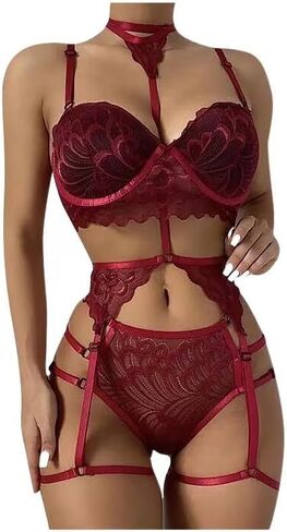 Sexy Choker Floral Lace Scallop Sheer Underwire Push Up Garter Belt Lingerie Set with Adjustable Straps, 3 Piece in Saudi Arabia