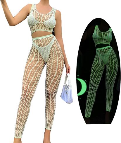 Glow In The Dark Lingerie Green Mesh Fishnet Bodysuit Bikini Cover Ups Neon Club Glow Party Outfit Top Panty in Saudi Arabia