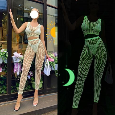 Glow In The Dark Lingerie Green Mesh Fishnet Bodysuit Bikini Cover Ups Neon Club Glow Party Outfit Top Panty in Saudi Arabia