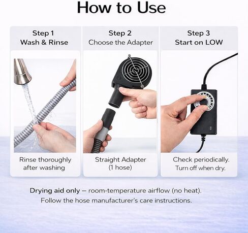 مجفف أنبوب CPAP، مجفف خرطوم CPAP لأنابيب 22 مم و15 مم، يجفف 1 أو 2 خرطوم (محول Y)، تحكم في 10 سرعات، يجف بعد الغسيل 30-45 دقيقة (مختلف)، تدفق الهواء في درجة حرارة الغرفة (بدون حرارة)، قابس أمريكي in Kuwait