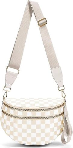 Checkered Crossbody Bag for Women - Nylon Bum Bag, Women's Crossbody Purse, Handbags, Sling Fanny Pack (Beige Checkered) in Saudi Arabia