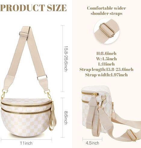 Checkered Crossbody Bag for Women - Nylon Bum Bag, Women's Crossbody Purse, Handbags, Sling Fanny Pack (Beige Checkered) in Saudi Arabia