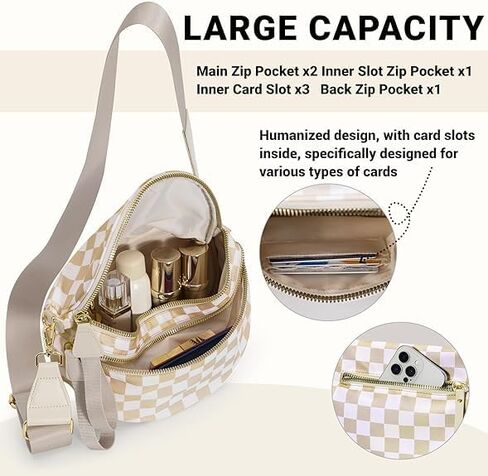 Checkered Crossbody Bag for Women - Nylon Bum Bag, Women's Crossbody Purse, Handbags, Sling Fanny Pack (Beige Checkered) in Saudi Arabia