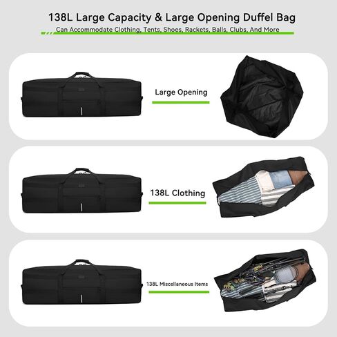 45.5'' Extra Large Duffel Bag, 138L Duffle Bag for Travel, Water Resistant & Foldable Luggage Bag, Camping Bag, Sports Equipment Storage Bag, Travel Tent Storage Bag, Moving Bag (Black) in Saudi Arabia