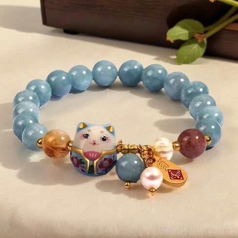 Lucky Cat Bracelet with Blue Crystal, Ceramic Cat Pendant, Feng Shui Good Luck Jewelry for Women, Wealth & Protection Bracelet in Saudi Arabia