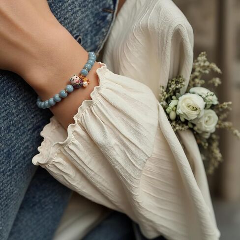 Lucky Cat Bracelet with Blue Crystal, Ceramic Cat Pendant, Feng Shui Good Luck Jewelry for Women, Wealth & Protection Bracelet in Saudi Arabia