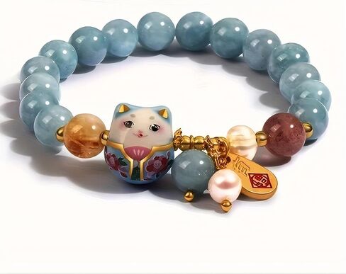 Lucky Cat Bracelet with Blue Crystal, Ceramic Cat Pendant, Feng Shui Good Luck Jewelry for Women, Wealth & Protection Bracelet in Saudi Arabia