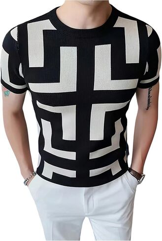 Verdusa Men's Colorblock Geo Lightweight Sweaters Short Sleeve Slim Fit Pullover Knit Tops in Saudi Arabia