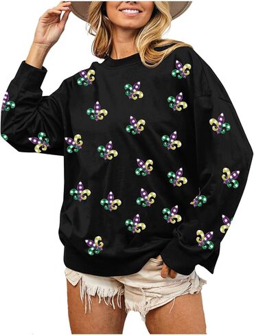 LUKYCILD Mardi Gras Sweatshirt Women Mardi Gras Day Mask T-Shirt Fat Tuesday Carnival Long Sleeve Shirt New Orleans Party Top in Saudi Arabia