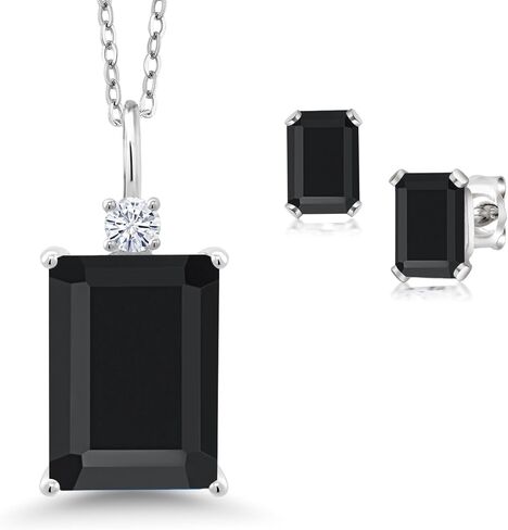 مجموعة أقراط قلادة من Gem Stone King 7.82 قيراط من العقيق الأسود والمويسانتي الأبيض للنساء | 925 فضة استرلينية | جوهرة الميلاد الأحجار الكريمة | قطع الزمرد 14 × 10 ملم و 6 × 4 ملم | سلسلة 18 بوصة in Saudi Arabia