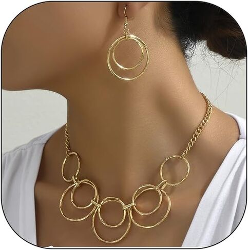 Gold Double-Loop Necklace Set for Women Loop Chain Link Choker Necklace and Dangle Loop Earrings Statement Jewelry Set in Saudi Arabia