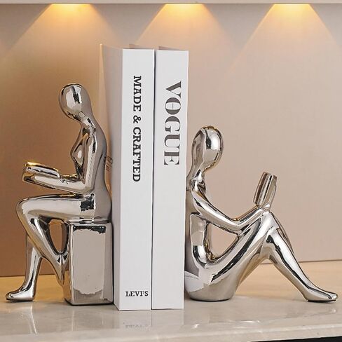 Decorative Bookends,Ceramic Statue Book Ends,Home Office Modern Bookends,Decor Aesthetic Reading Book Holders for Bookshelf,Bedroom Living Room Decoration Unique Bookends (Silver) in Saudi Arabia