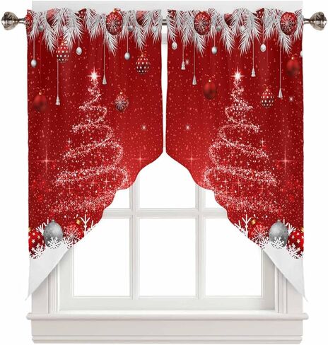 Swag Curtains Christmas Ball Red Swag Valances for Windows, Kitchen Curtains Set Snow Xmas Tree Rod Pocket Window Valances Kitchen Window Curtains Over Sink, 2 Panel 28x36inch in Saudi Arabia
