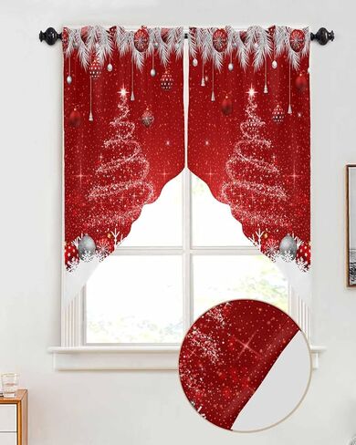 Swag Curtains Christmas Ball Red Swag Valances for Windows, Kitchen Curtains Set Snow Xmas Tree Rod Pocket Window Valances Kitchen Window Curtains Over Sink, 2 Panel 28x36inch in Saudi Arabia
