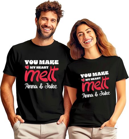 قمصان مخصصة للزوجين لعيد الحب - مجموعة تي شيرت متطابقة "You Make My Heart Melt" - خيار نص مخصص in Kuwait