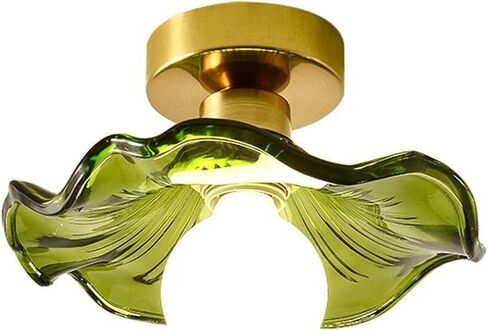 LNPTAL Semi Flush Mount Green Glass Ceiling Light, Vintage Gold Lotus Flower Pendant Light Fixture, Retro Small Hallway Hanging Lamp for Kitchen and Corridor in Saudi Arabia