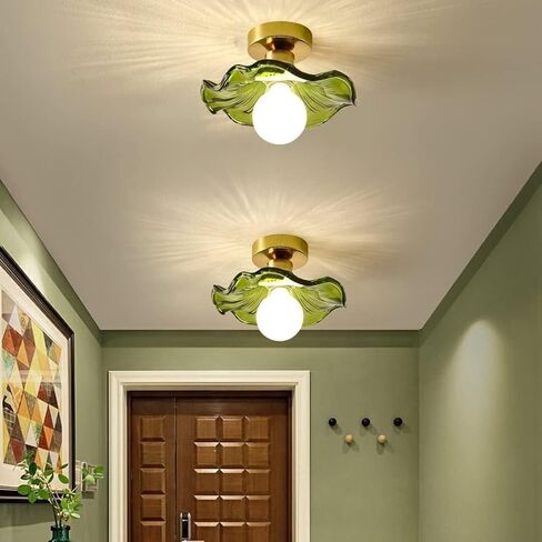 LNPTAL Semi Flush Mount Green Glass Ceiling Light, Vintage Gold Lotus Flower Pendant Light Fixture, Retro Small Hallway Hanging Lamp for Kitchen and Corridor in Saudi Arabia
