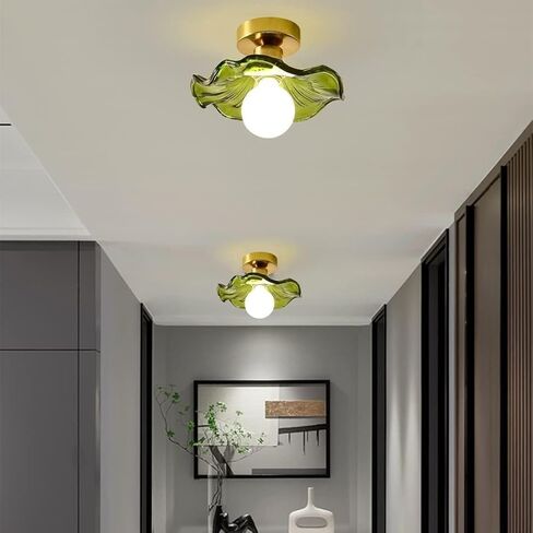 LNPTAL Semi Flush Mount Green Glass Ceiling Light, Vintage Gold Lotus Flower Pendant Light Fixture, Retro Small Hallway Hanging Lamp for Kitchen and Corridor in Saudi Arabia