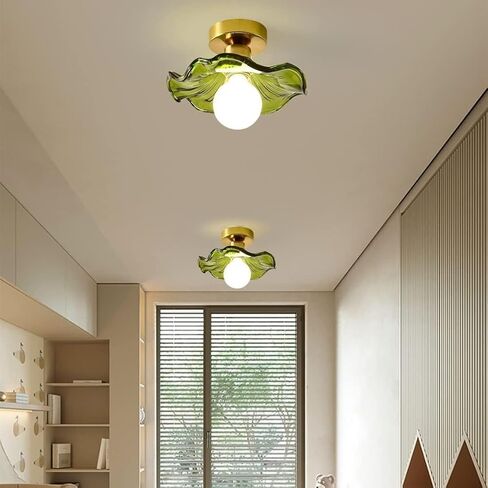 LNPTAL Semi Flush Mount Green Glass Ceiling Light, Vintage Gold Lotus Flower Pendant Light Fixture, Retro Small Hallway Hanging Lamp for Kitchen and Corridor in Saudi Arabia