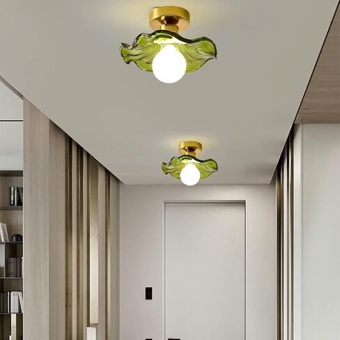 LNPTAL Semi Flush Mount Green Glass Ceiling Light, Vintage Gold Lotus Flower Pendant Light Fixture, Retro Small Hallway Hanging Lamp for Kitchen and Corridor in Saudi Arabia