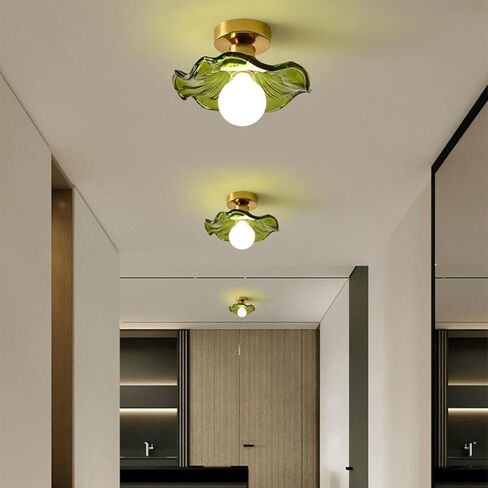 LNPTAL Semi Flush Mount Green Glass Ceiling Light, Vintage Gold Lotus Flower Pendant Light Fixture, Retro Small Hallway Hanging Lamp for Kitchen and Corridor in Saudi Arabia