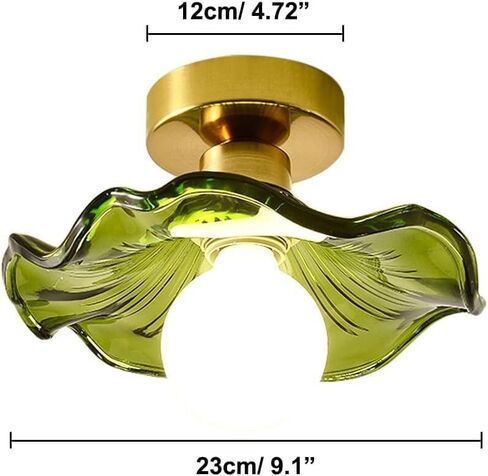 LNPTAL Semi Flush Mount Green Glass Ceiling Light, Vintage Gold Lotus Flower Pendant Light Fixture, Retro Small Hallway Hanging Lamp for Kitchen and Corridor in Saudi Arabia