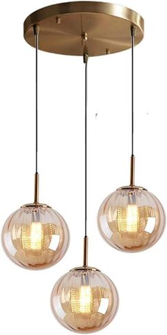 LNPTAL 3 Light Mid Century Modern Pendant Light, Gold Hand Blown Amber Glass Globes Cluster Chandelier, Vintage Farmhouse Ceiling Lamp for Kitchen Island, and Dining Room in Saudi Arabia
