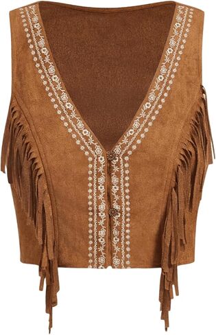 OYOANGLE Women's Button Front Fringe Cowgirl Vest Embroidered V Neck Sleeveless Crop Jackets in Saudi Arabia