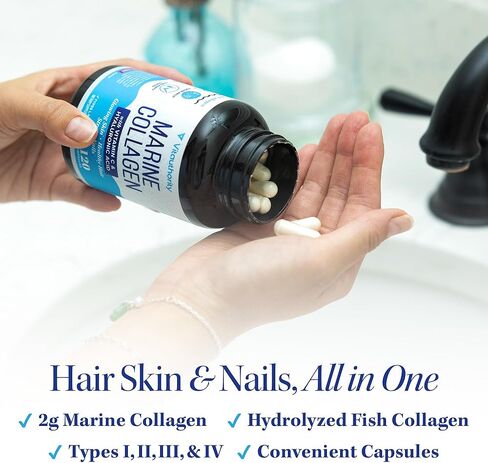 Marine Collagen Capsules Hyaluronic Acid & Vitamin C | 2,000mg Hydrolyzed Fish Collagen Peptides per Serving | Skin Elasticity, Hydration, Hair, Nail & Joint Support | Pescatarian-Friendly 30 Servings in Saudi Arabia