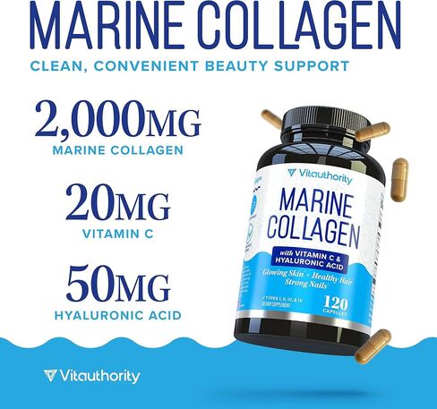 Marine Collagen Capsules Hyaluronic Acid & Vitamin C | 2,000mg Hydrolyzed Fish Collagen Peptides per Serving | Skin Elasticity, Hydration, Hair, Nail & Joint Support | Pescatarian-Friendly 30 Servings in Saudi Arabia