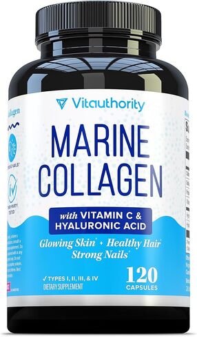 Marine Collagen Capsules Hyaluronic Acid & Vitamin C | 2,000mg Hydrolyzed Fish Collagen Peptides per Serving | Skin Elasticity, Hydration, Hair, Nail & Joint Support | Pescatarian-Friendly 30 Servings in Saudi Arabia
