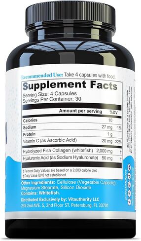 Marine Collagen Capsules Hyaluronic Acid & Vitamin C | 2,000mg Hydrolyzed Fish Collagen Peptides per Serving | Skin Elasticity, Hydration, Hair, Nail & Joint Support | Pescatarian-Friendly 30 Servings in Saudi Arabia