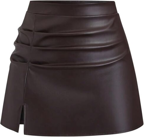 Floerns Women's PU Leather High Waist Mini Skirts Slit Hem Ruched A Line Skirt in Saudi Arabia