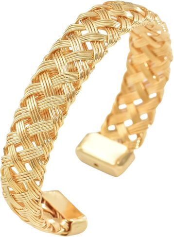 Gold Woven Bracelet Chunky Metal Cuff Bracelet 18K Gold Plated Woven Herringbone Mesh Bracelet Trendy Cuff Bracelet Stack Fashion Jewelry for Men and Women in Saudi Arabia