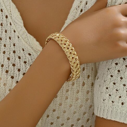Gold Woven Bracelet Chunky Metal Cuff Bracelet 18K Gold Plated Woven Herringbone Mesh Bracelet Trendy Cuff Bracelet Stack Fashion Jewelry for Men and Women in Saudi Arabia