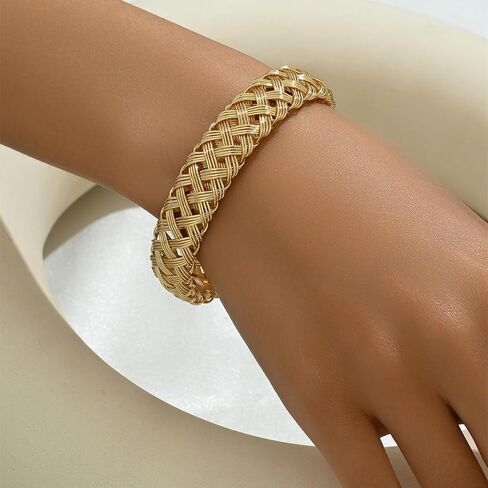 Gold Woven Bracelet Chunky Metal Cuff Bracelet 18K Gold Plated Woven Herringbone Mesh Bracelet Trendy Cuff Bracelet Stack Fashion Jewelry for Men and Women in Saudi Arabia