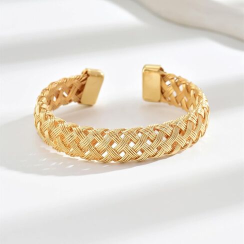 Gold Woven Bracelet Chunky Metal Cuff Bracelet 18K Gold Plated Woven Herringbone Mesh Bracelet Trendy Cuff Bracelet Stack Fashion Jewelry for Men and Women in Saudi Arabia