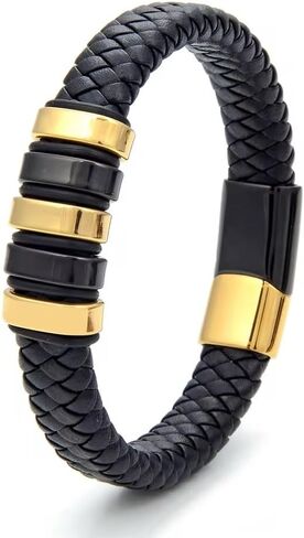 Unisex Vintage Braided Leather Bracelet with Stainless Steel & Gold Buckle | Stylish Handmade Leather Cuff Wristband | Perfect Fashion Jewelry Gift (Black) in Saudi Arabia