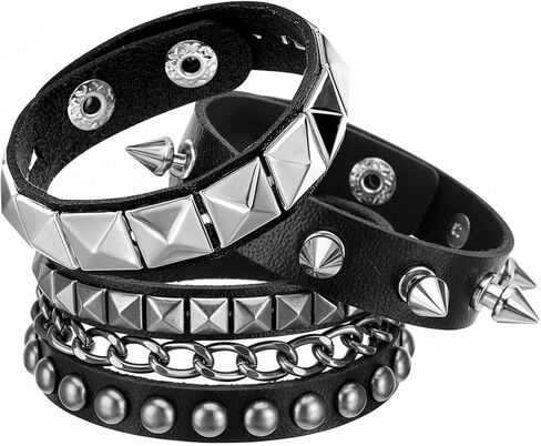 Grevosea 3 Pcs Spiked Bracelets, Punk Studded Bracelet Adjustable Leather Cuff Bracelet for Men Women 80s 90s Emo Jewelry Halloween Goth Accessories in Saudi Arabia