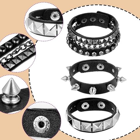 Grevosea 3 Pcs Spiked Bracelets, Punk Studded Bracelet Adjustable Leather Cuff Bracelet for Men Women 80s 90s Emo Jewelry Halloween Goth Accessories in Saudi Arabia
