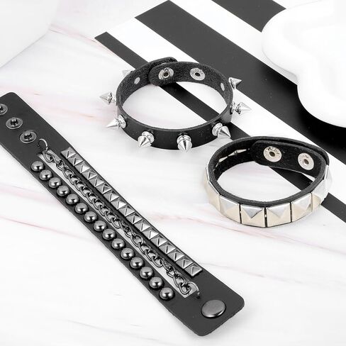 Grevosea 3 Pcs Spiked Bracelets, Punk Studded Bracelet Adjustable Leather Cuff Bracelet for Men Women 80s 90s Emo Jewelry Halloween Goth Accessories in Saudi Arabia
