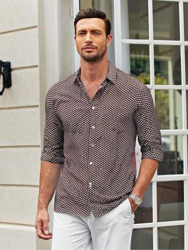 Mens Floral Print Button Down Shirts Beach Casual Long Sleeve Slim Fit Shirt with Pocket in Saudi Arabia
